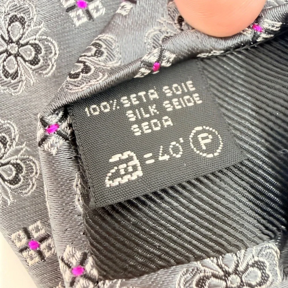 Ermenegildo Zegna Mens Silk Tie Grey Black Magenta Geometric Floral Italy